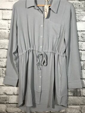 NWT Mystree long-sleeve utility shirt dress in a soft gray hue.